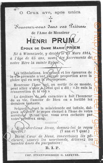 Henri Prum époux de Dame Marie Priem, décédé à Winnezeele, le 25 mars 1914